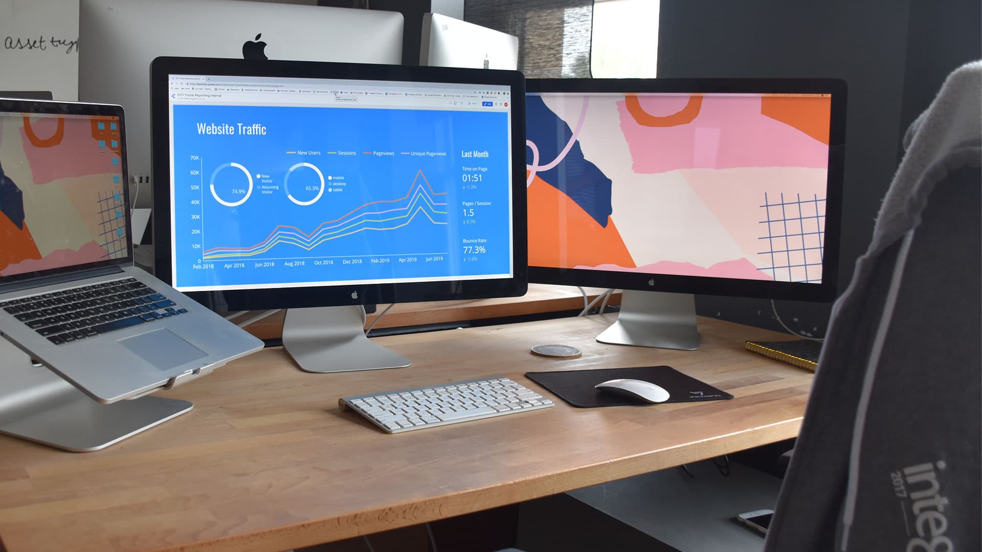 Desk with two monitors, one showing a website audit