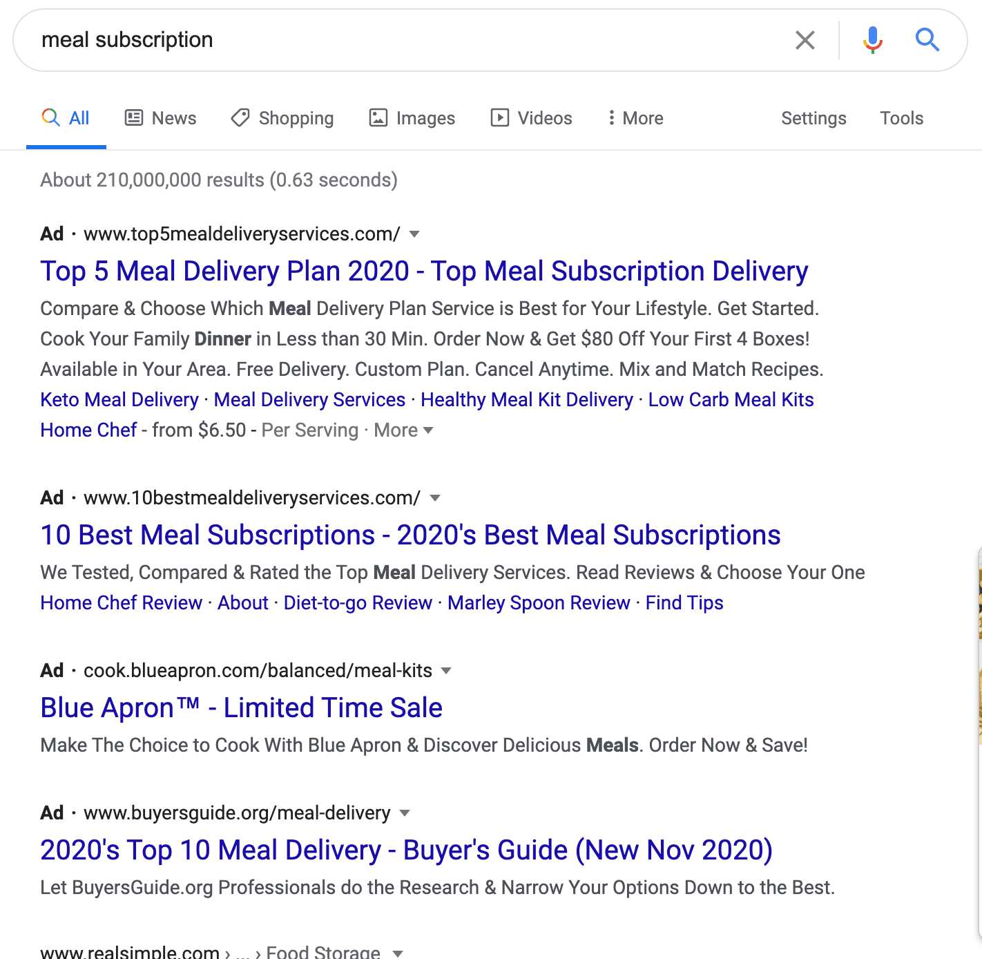 Sample paid search marketing results in Google for the search term "meal subscription"