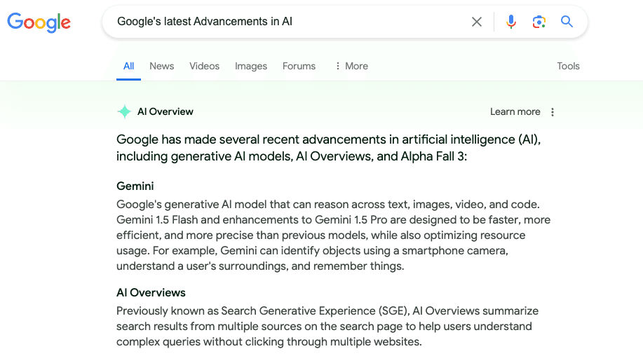 Screenshot of a Google search results page with AI results